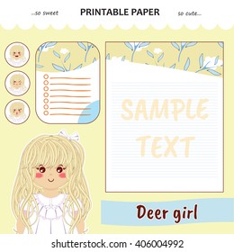 Kawaii and cute set vector printable paper for diary, notebook, letters. Deer girl stickers and illustration. Festive childish cartoon design.