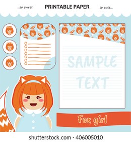 Kawaii and cute set vector printable paper for diary, notebook, letters. Fox girl stickers and illustration. Festive childish cartoon design. Blue color theme
