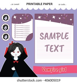 Kawaii and cute set vector printable paper for diary, notebook, letters. Vampire girl stickers and illustration. Festive childish cartoon design.