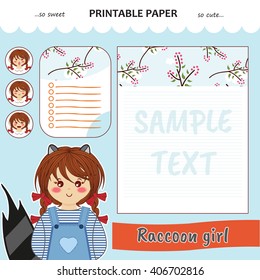 Kawaii and cute set vector printable paper for diary, notebook, letters. Raccoon girl stickers and illustration. Festive childish cartoon design.
