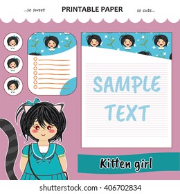 Kawaii and cute set vector printable paper for diary, notebook, letters. Kitten girl stickers and illustration. Festive childish cartoon design. Lilac color theme