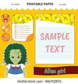 Kawaii and cute set vector printable paper for diary, notebook, letters. Alien girl stickers and illustration. Festive childish cartoon design. Honey yellow color theme
