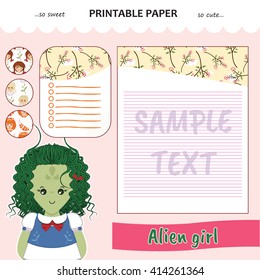 Kawaii and cute set vector printable paper for diary, notebook, letters. Alien girl stickers and illustration. Festive childish cartoon design. Pink color theme 