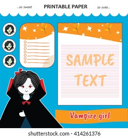 Kawaii and cute set vector printable paper for diary, notebook, letters. Vampire girl stickers and illustration. Festive childish cartoon design.