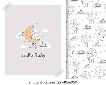 Kawaii Cute sheeps on the moon and stars. Cartoon card and seamless pattern set. Hand drawn cute characters Cartoon Animals Background. Vector illustration