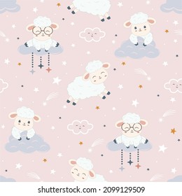 Kawaii cute sheeps seamless pattern design for scrapbooking, decoration, cards, party, paper goods, background, wallpaper, wrapping, fabric and all your creative projects