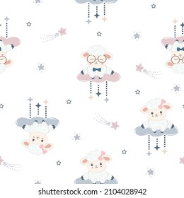 Kawaii cute sheeps seamless pattern design for scrapbooking, decoration, cards, party, paper goods, background, wallpaper, wrapping, fabric and all your creative projects