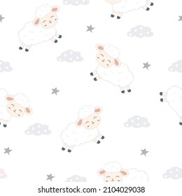 Kawaii cute sheeps seamless pattern design for scrapbooking, decoration, cards, party, paper goods, background, wallpaper, wrapping, fabric and all your creative projects