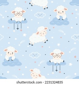 Kawaii-süße Schafe nahtloses Muster, Childish Cartoon Animals Hintergrund-Design für Papiererzeugnisse, Hintergrund, Tapete, Umhüllung, Druck, Stoff, Schläuche, Bekleidung und vieles mehr