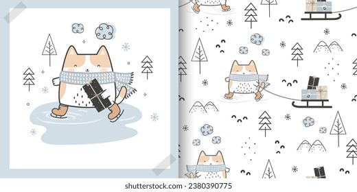 Kawaii Cute Skating Cats seamless pattern with card set, Doodle 
 Cartoon Animals for Christmas and Winter Background. Vector Illustration