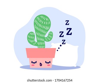 Kawaii cute sleeping cactus with ZZZ text and cozy pillow in flat style. Can be used for greeting cards or posters or interior design elements, stickers, hygge illustrations or insomnia leaflets etc.