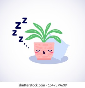 Kawaii cute sleeping plant with ZZZ text and cozy pillow in flat style. Can be used for greeting cards or posters or interior design elements, stickers, hygge illustrations or insomnia leaflets etc.