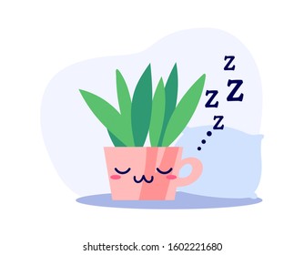 Kawaii cute sleeping plant with ZZZ text and cozy pillow in flat style. Can be used for greeting cards or posters or interior design elements, stickers, hygge illustrations or insomnia leaflets etc.