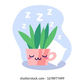 Kawaii cute sleeping plant with ZZZ text and cozy pillow in flat style. Can be used for greeting cards or posters or interior design elements, stickers, hygge illustrations or insomnia leaflets etc.