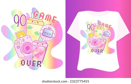 Kawaii cute slogan game over on white  rainbow background for t shirt . Vintage 90's Inspirational quote card, invitation, banner, lettering, poster tee. Retro games and technology 