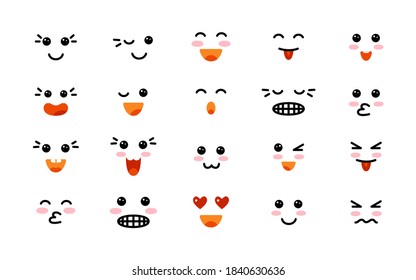 Kawaii cute smile emoticons, cartoon faces set. Expression faces, Japanese anime style. Anime character manga style eyes and mouths. Vector illustration