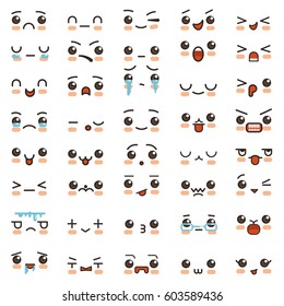 Kawaii cute smile emoticons and Japanese anime emoji faces expressions. Vector cartoon style comic sketch icons set