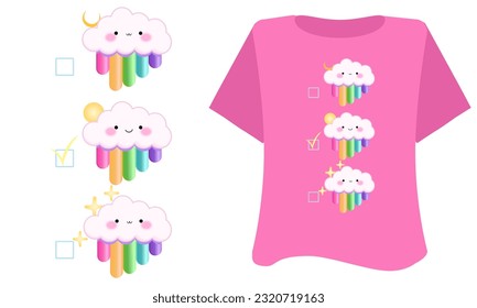 Kawaii cute  smiling rainbow   on white pink background for t shirt . Inspirational quote card, invitation, banner, poster. Cartoon clouds, star, clouds, moon, yellow, blue, purple vector