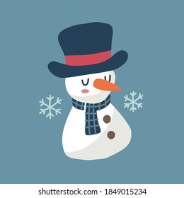 kawaii cute snowman wear and hat scarf on isolated blue background. merry christmas