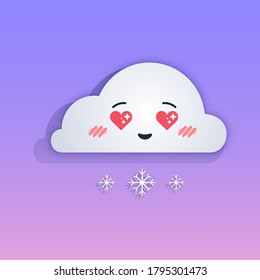 Kawaii cute snowy cloud with love eyes in the shape of hearts. Vector illustration for web and print on color gradient backgound