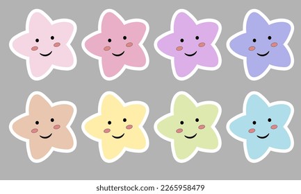 kawaii Cute stars Pastel with smile Faces cartoon on gray ...