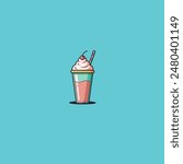 kawaii cute strawberry smoothies milkshake juice with ice cream topping illustration vector cartoon character.