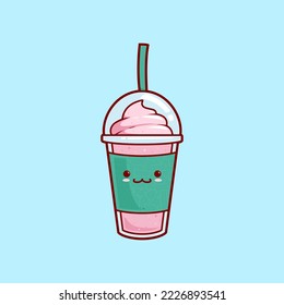 kawaii cute strawberry smoothies milkshake juice with ice cream topping illustration vector cartoon character