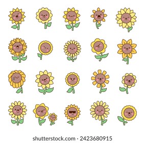 Kawaii cute sunflower. Cartoon flower characters with happy smile. Hand drawn style. Vector drawing. Collection of design elements.