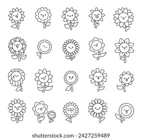 Kawaii lindo girasol. Página para colorear. Personajes de flores de dibujos animados con sonrisa feliz. Estilo dibujado a mano. Dibujo vectorial. Colección de elementos de diseño.