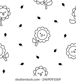 Kawaii cute sunflower. Seamless pattern. Coloring Page. Cartoon flower characters with happy smile. Hand drawn style. Vector drawing. Design ornaments.