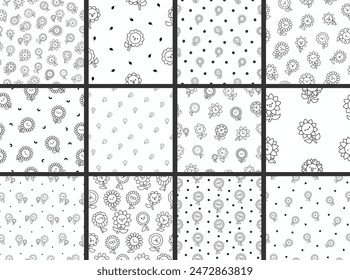 Kawaii cute sunflower. Seamless pattern. Coloring Page. Cartoon flower characters with happy smile. Hand drawn style. Vector drawing. Collection of design ornaments.