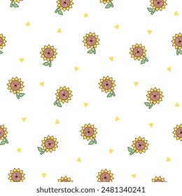 Kawaii cute sunflower. Seamless pattern. Cartoon flower characters with happy smile. Hand drawn style. Vector drawing. Design ornaments.