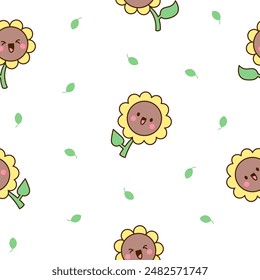 Kawaii cute sunflower. Seamless pattern. Cartoon flower characters with happy smile. Hand drawn style. Vector drawing. Design ornaments.