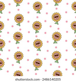 Kawaii cute sunflower. Seamless pattern. Cartoon flower characters with happy smile. Hand drawn style. Vector drawing. Design ornaments.