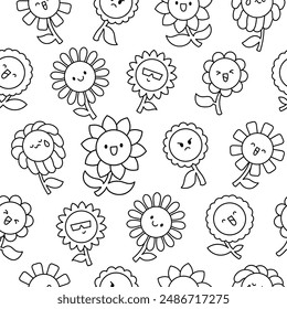 Kawaii cute sunflower. Seamless pattern. Coloring Page. Cartoon flower characters with happy smile. Hand drawn style. Vector drawing. Design ornaments.