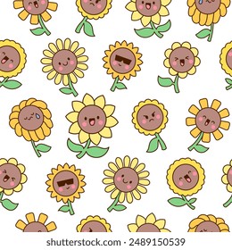 Kawaii cute sunflower. Seamless pattern. Cartoon flower characters with happy smile. Hand drawn style. Vector drawing. Design ornaments.