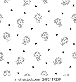 Kawaii cute sunflower. Seamless pattern. Coloring Page. Cartoon flower characters with happy smile. Hand drawn style. Vector drawing. Design ornaments.