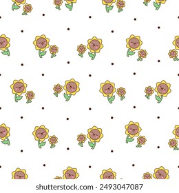 Kawaii cute sunflower. Seamless pattern. Cartoon flower characters with happy smile. Hand drawn style. Vector drawing. Design ornaments.