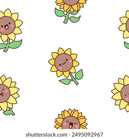 Kawaii cute sunflower. Seamless pattern. Cartoon flower characters with happy smile. Hand drawn style. Vector drawing. Design ornaments.