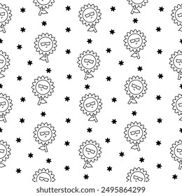 Kawaii cute sunflower. Seamless pattern. Coloring Page. Cartoon flower characters with happy smile. Hand drawn style. Vector drawing. Design ornaments.