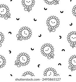 Kawaii cute sunflower. Seamless pattern. Coloring Page. Cartoon flower characters with happy smile. Hand drawn style. Vector drawing. Design ornaments.