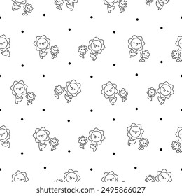 Kawaii cute sunflower. Seamless pattern. Coloring Page. Cartoon flower characters with happy smile. Hand drawn style. Vector drawing. Design ornaments.