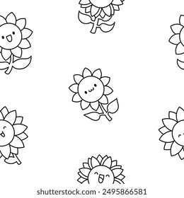 Kawaii cute sunflower. Seamless pattern. Coloring Page. Cartoon flower characters with happy smile. Hand drawn style. Vector drawing. Design ornaments.