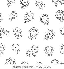 Kawaii cute sunflower. Seamless pattern. Coloring Page. Cartoon flower characters with happy smile. Hand drawn style. Vector drawing. Design ornaments.