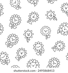 Kawaii cute sunflower. Seamless pattern. Coloring Page. Cartoon flower characters with happy smile. Hand drawn style. Vector drawing. Design ornaments.