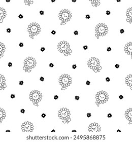 Kawaii cute sunflower. Seamless pattern. Coloring Page. Cartoon flower characters with happy smile. Hand drawn style. Vector drawing. Design ornaments.