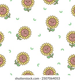 Kawaii cute sunflower. Seamless pattern. Cartoon flower characters with happy smile. Hand drawn style. Vector drawing. Design ornaments.