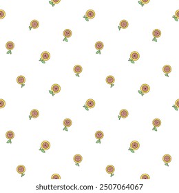 Kawaii cute sunflower. Seamless pattern. Cartoon flower characters with happy smile. Hand drawn style. Vector drawing. Design ornaments.