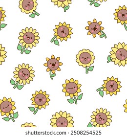 Kawaii cute sunflower. Seamless pattern. Cartoon flower characters with happy smile. Hand drawn style. Vector drawing. Design ornaments.