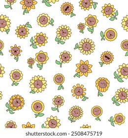 Kawaii cute sunflower. Seamless pattern. Cartoon flower characters with happy smile. Hand drawn style. Vector drawing. Design ornaments.